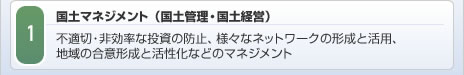 1　国土マネジメント（国土管理・国土経営）／不適切・非効率な投資の防止、様々なネットワークの形成と活用、地域の合意形成と活性化などのマネジメント